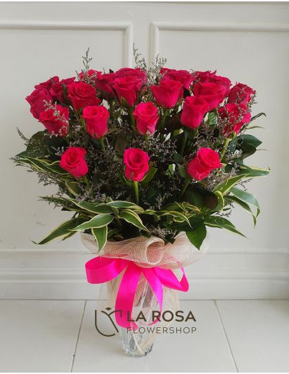 2 Dozen Pink Roses in vase